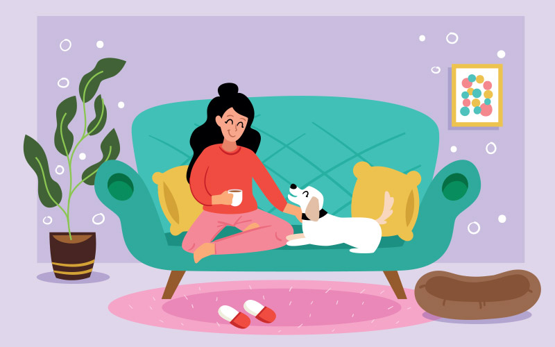 Illustration of girl on couch with dog